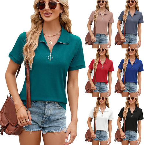 2026 Solid lor Zipper Lapel Loose T-shirt Casual Women