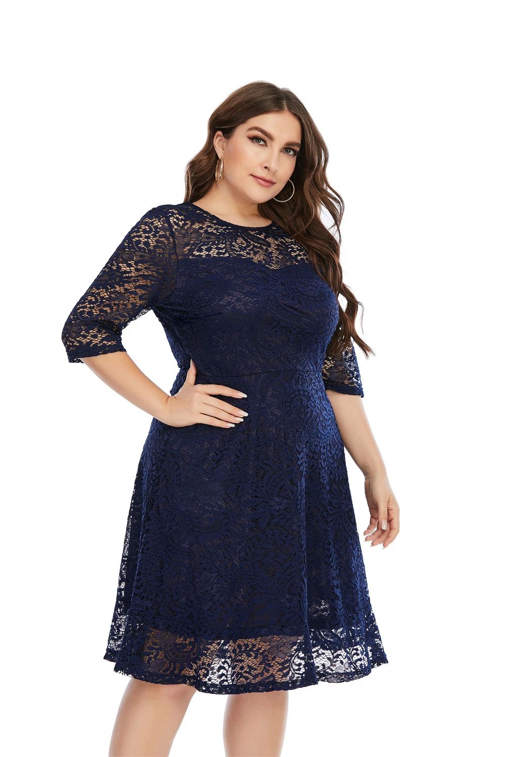 Plus Size Contrast Lace Semi Sheer 3/4 Sleeve Midi Dress, Wo 女装/女士精品 半身裙 原图主图