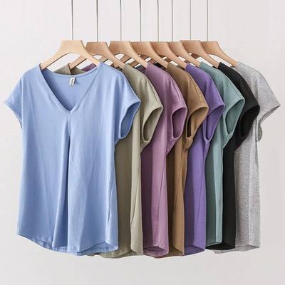 S-5XL Casual Women Cotton T-Shirts Short Sleeve V-neck Summe