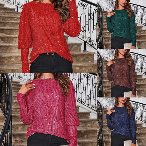 2026 mmuting Style Loose Sequined Crew Neck T-shirt For Wome