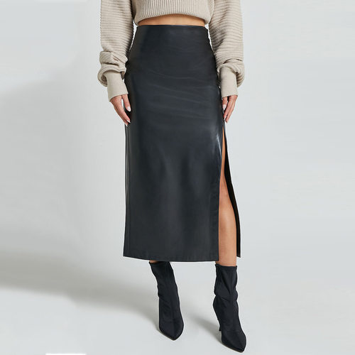 Women's Fbapu Split Leather Skirt High Waist Zipper Slim-fit