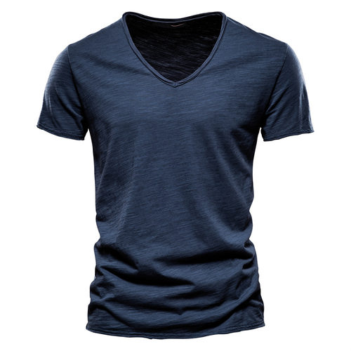 Men's Solid lor Slub tton V-neck Short-sleeved T-shirt tton