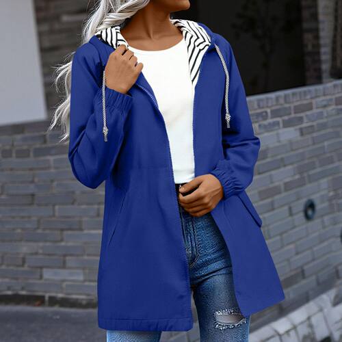 2026 Waterproof Long Women’s Hooded Raincoat With Striped