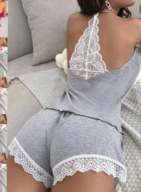 Crochet Milk Silk Sleeveless Halter Shorts Home Wear Lace Wo