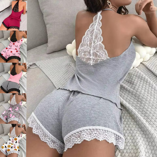 Crochet Milk Silk Sleeveless Halter Shorts Home Wear Lace Wo
