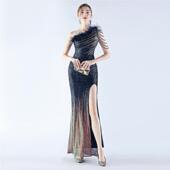 晚礼服女2025新款 高级感小众宴会气质名媛晚会斜领单肩长款 连衣裙