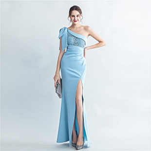晚礼服女2026新款高级感高端名媛斜肩单肩侧开叉主持人年会连衣裙