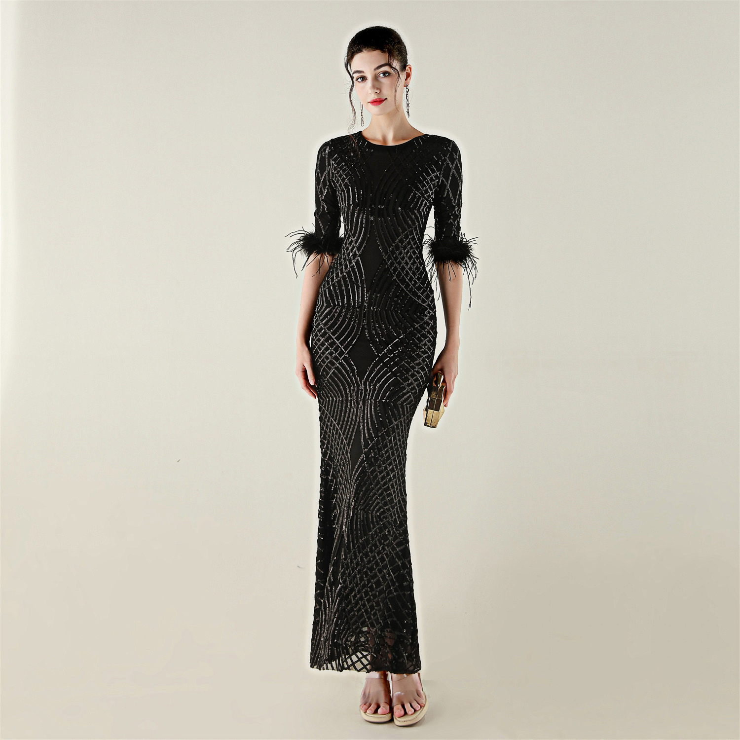 轻奢小众晚礼服女赫本风中袖长裙