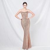 修身 连衣裙 晚礼服女高级感主持人小众高端大气亮闪一字肩鱼尾长款