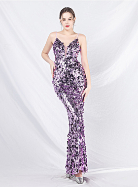 晚礼服女高级感高端大气气场强大重工亮片闪闪吊带鱼尾长款连衣裙