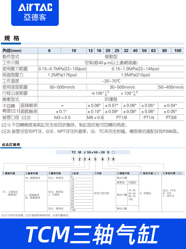 亚德客带导杆三轴三杆气缸TCM6/10/12/16/20/25X15*10-20-50-75-S