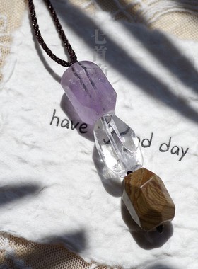 升学紫水晶吊坠白水晶图画石项链