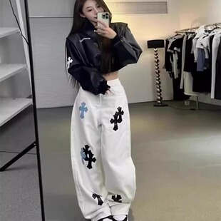白色阔腿牛仔裤女春夏新款百搭设计感宽松十字架拖地直筒长裤子潮