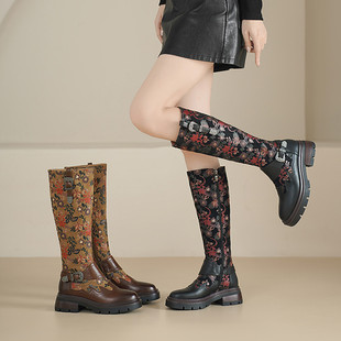 5cm厚底国潮风印花拼接不过膝长靴女圆头侧拉链秋冬加绒高筒靴子