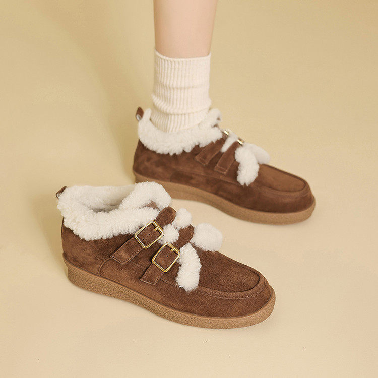 复古百搭圆头加绒双搭扣勃肯鞋毛毛鞋3cm厚底磨砂真皮保暖单鞋女