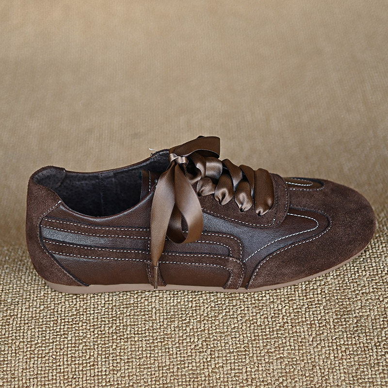 复古咖色拼接休闲德训鞋女时尚运动鞋深口系带单鞋软面软底平底鞋,女鞋,德训鞋,淘宝优惠券,粉丝福利购,淘宝优惠卷