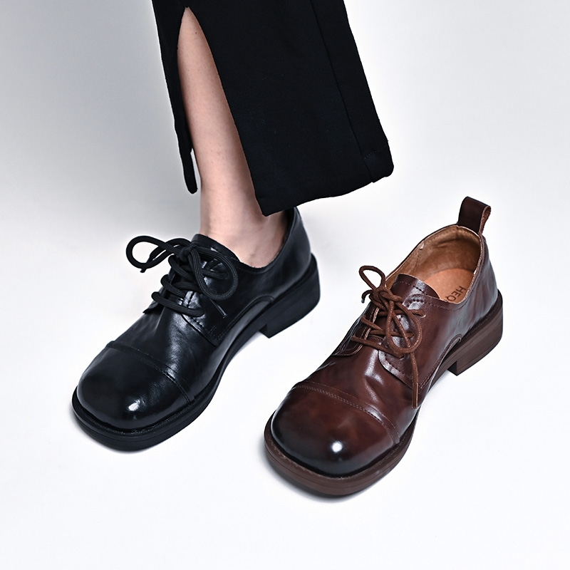 复古英伦风牛皮系带小皮鞋女