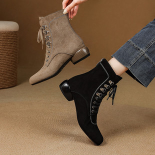 法式复古绒面圆头马丁靴3.5cm中跟粗跟系带短靴女后拉链瘦瘦靴子
