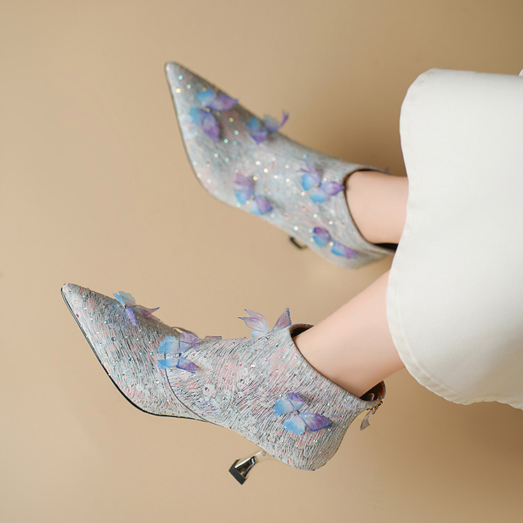 名媛风烫钻尖头后拉链短靴