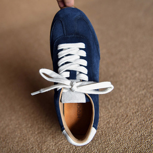 巨好穿~磨砂牛皮休闲蓝色德训鞋女平底运动鞋系带深口单鞋平板鞋