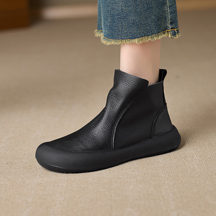 略加宽~大圆头真皮侧拉链短靴头层牛皮单靴加绒保暖厚底棉靴子女