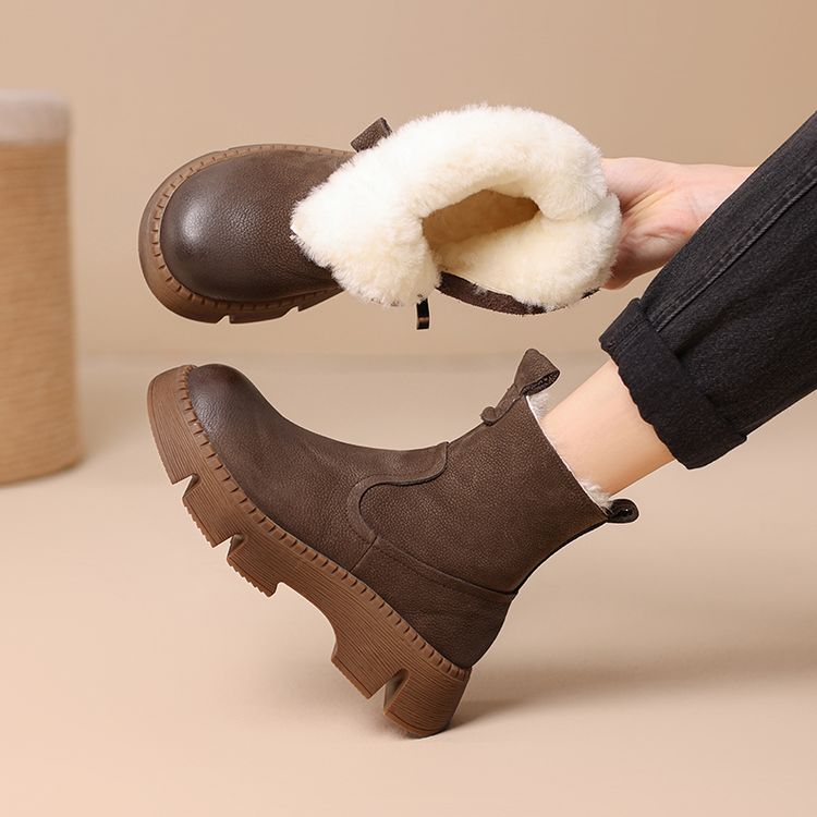 复古圆头增高羊毛牛皮女雪地靴