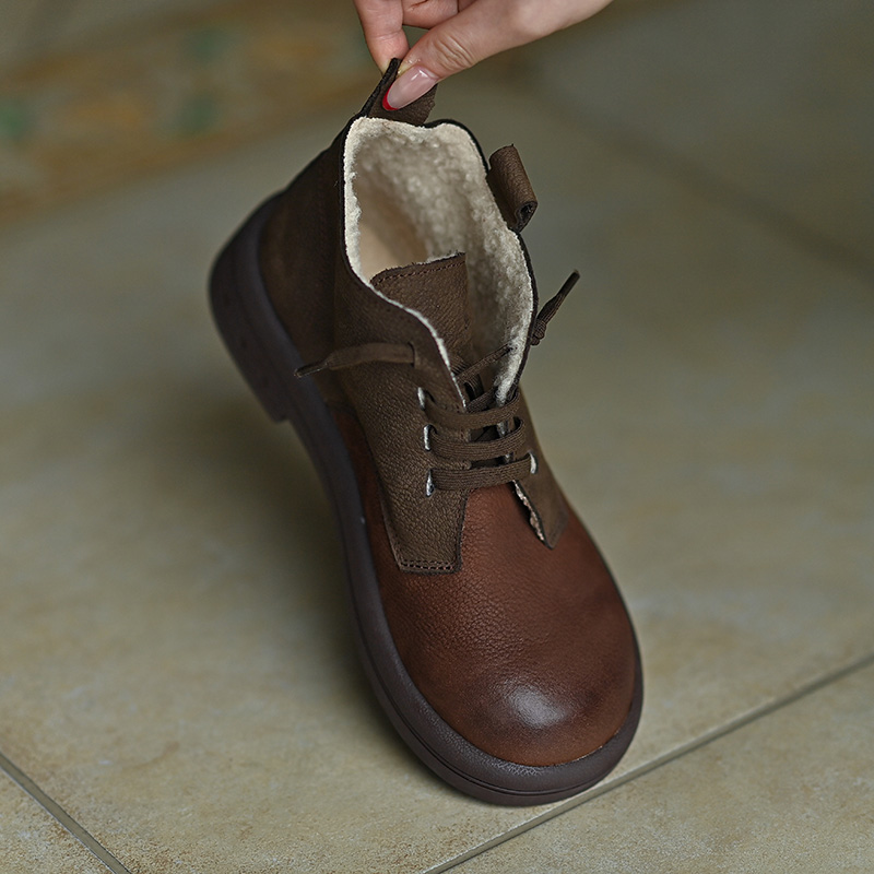 复古拼色头层牛皮加绒系带马丁靴