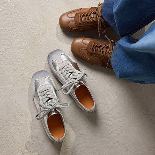 百搭~复古拼接德训鞋女时尚休闲鞋板鞋平跟女鞋牛皮深口系带单鞋