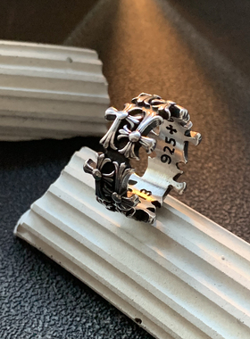 双生十字绊-不掉色钛钢戒指男宽复古中指机车嘻哈潮牌克罗花指环