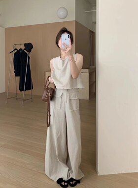 韩国东大门杏色毛边气质小香风背心双口袋裙裤套装2023年夏季M