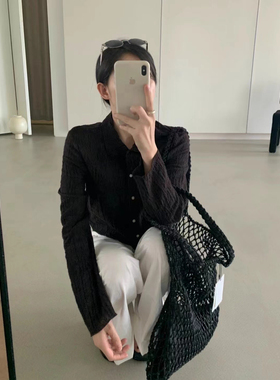 现货about moon正品2024秋季新款韩代质感气质翻领肌理压褶小衫