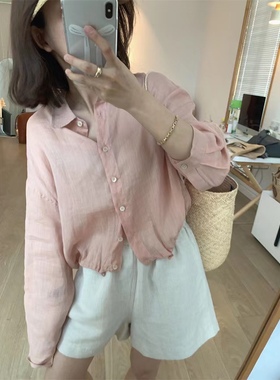 夏季防晒上衣女纯色苎麻长袖衬衣2023新款休闲韩版薄款短外套AI
