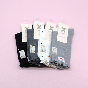 西客优品 252H2702 秋冬百棉波点木耳边无骨不勒中筒学生成人女袜