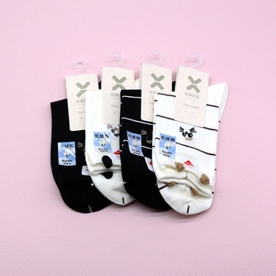 西客优品 秋冬长绒棉猫咪黑白条纹无骨中筒学生成人女袜252J2806