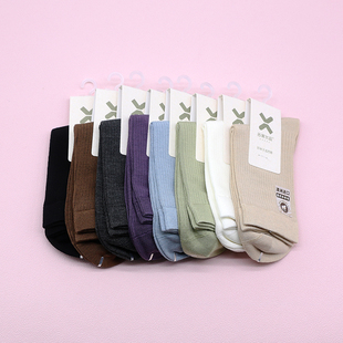 西客优品 高端莫代尔羊毛无骨竖条纯色中筒成人女袜252Q2629 四季