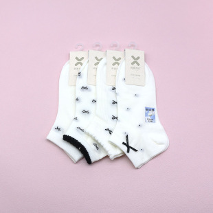 西客优品 夏超薄平板蝴蝶结黑白组合简约学生成人女船袜261Q3302