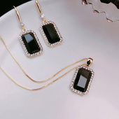 欧美2024年新款 耳钩项链套装 潮复古百搭黑色方块耳环大气时尚 法式