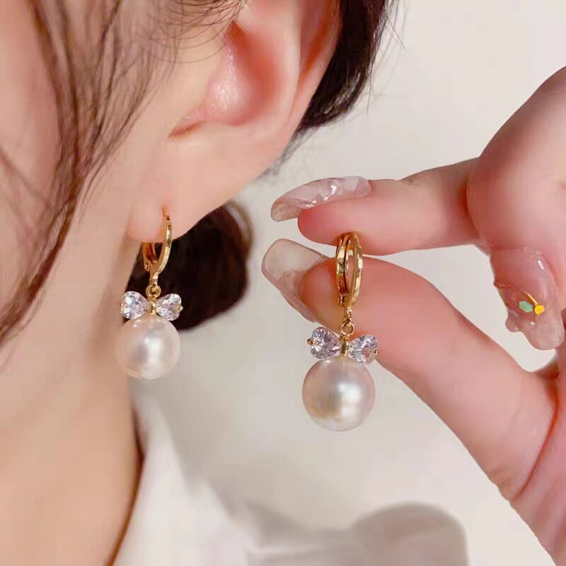 妾之意日韩珍珠女镶钻蝴蝶结耳环