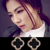 日韩s925银针四叶草耳钉网红气质百搭耳环人气迷你简约黑色镶钻款