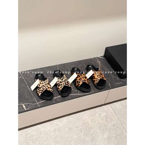 复古豹纹交叉带平底拖鞋女