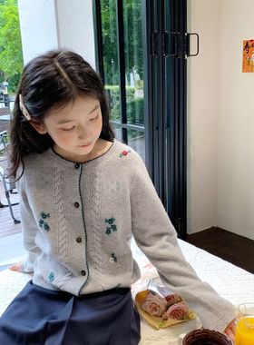 女童小樱桃灰色羊毛衫线衣开衫高端童装柔软甜美毛衣