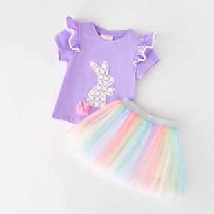 T恤上衣半身裙紫色休闲套装 2024夏季 欧美女童女宝宝小飞袖 短袖