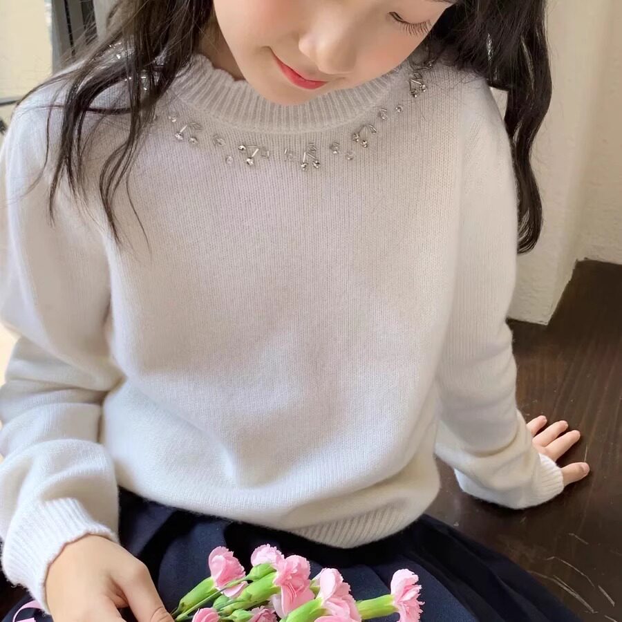 法国小樱桃B/P女童秋冬毛衣白色套头带钻重工轻奢高级甜美针织衫