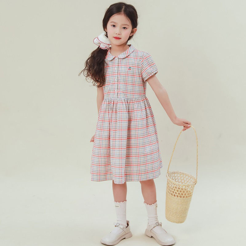 2026夏季新款女童翻领格子短袖纯棉时尚连衣裙单层轻薄透气裙子