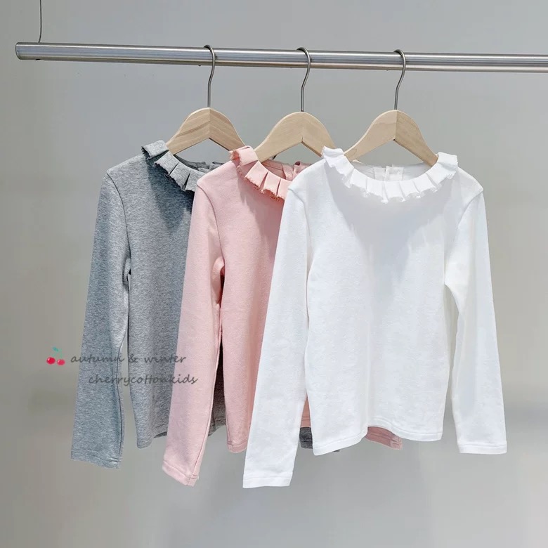 2025秋季法国B/P女童中大童纯棉白色木耳边领打底衫上衣T恤衬衫