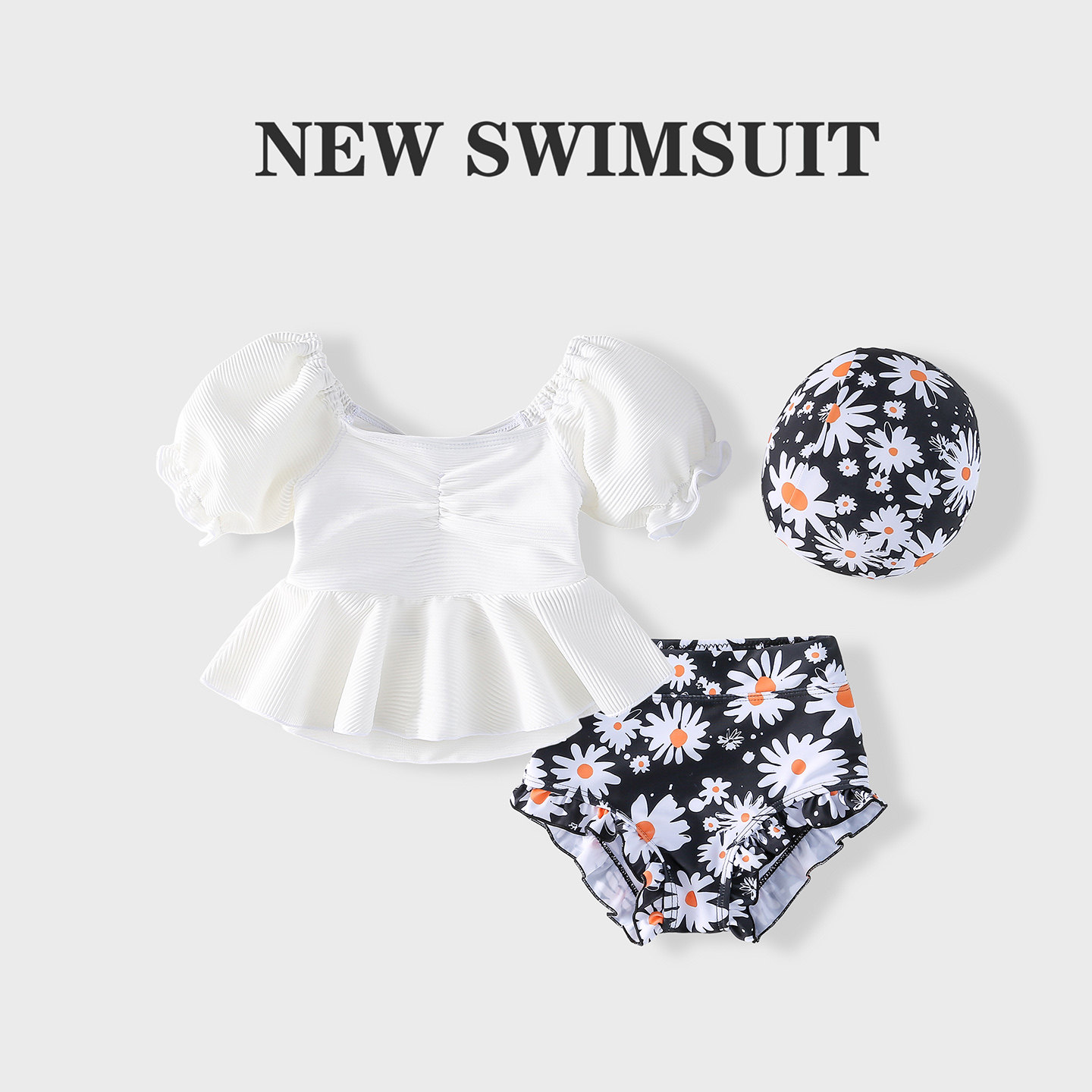 新款女童分体泳衣宝宝可爱泡泡袖游泳衣三件套小女孩时尚泳装儿童