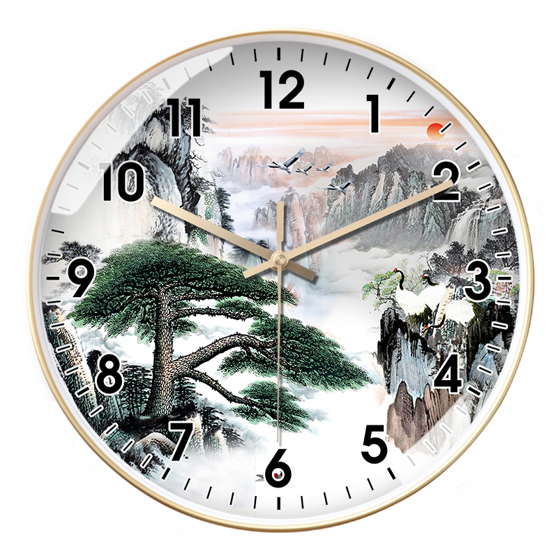 客厅挂墙国风山水画电波钟中式