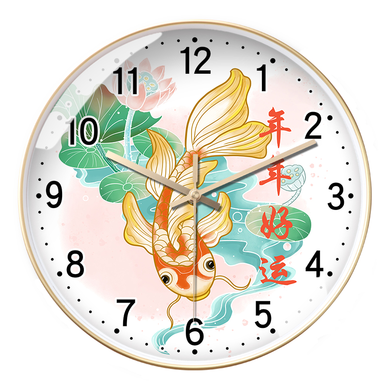 中式挂钟国潮锦鲤客厅挂墙钟表中国风静音石英钟可定制圆形电波钟