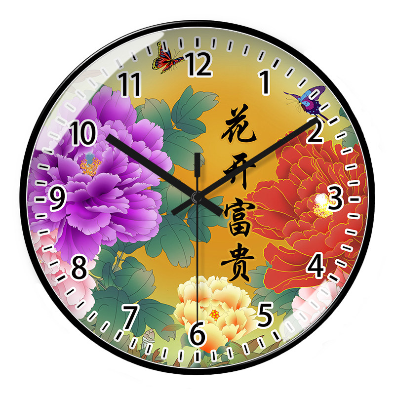 新中式客厅挂墙挂钟牡丹花石英钟富贵花开静音电波钟自动对时钟表