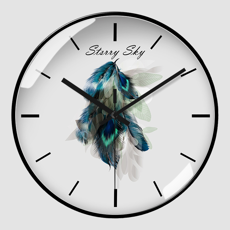 简约羽毛挂钟卫星对时客厅卧室装饰创意个性时钟表家用圆形电波钟